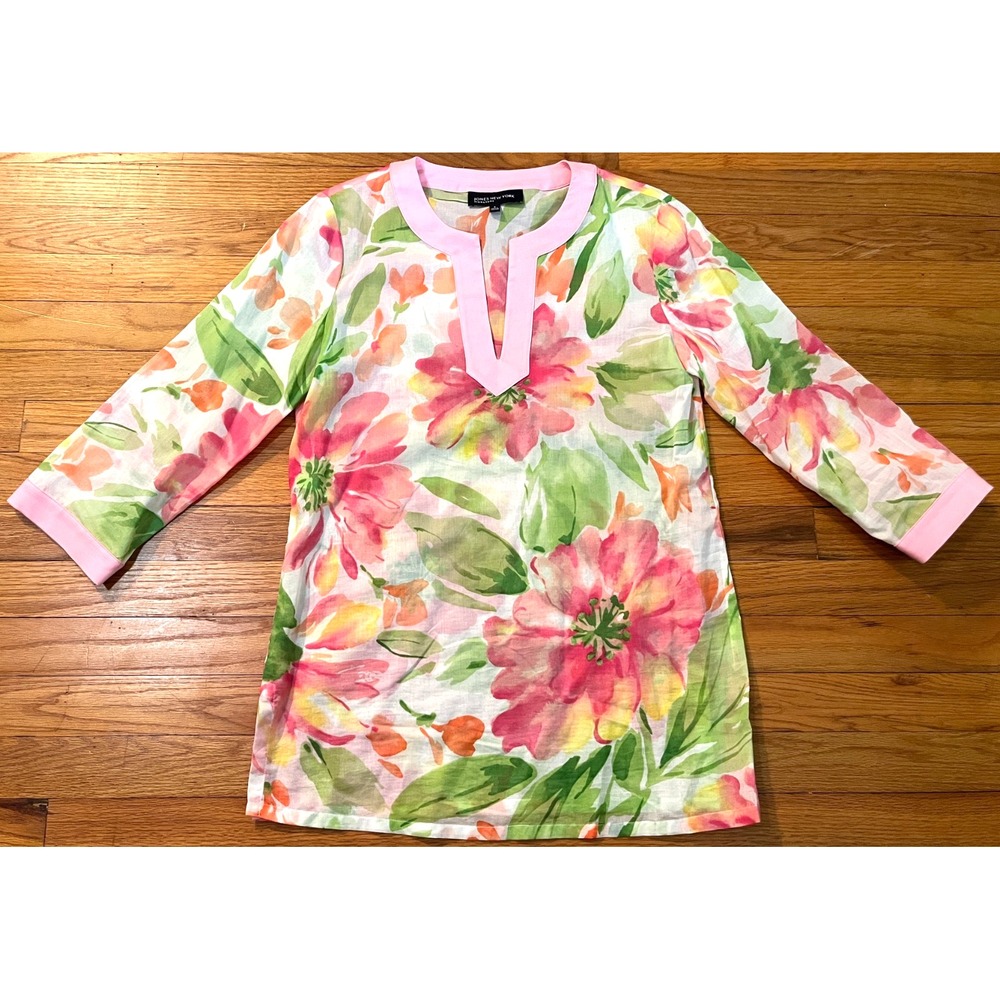 Jones New York Floral Tunic Cotton Sheer Pink Green V-Neck Blouse Womens S